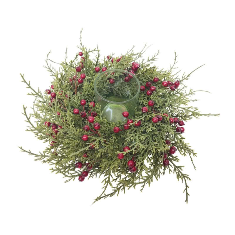 Portacandele ghirlanda di pino verde con bacche rosse, perfetta per Natale